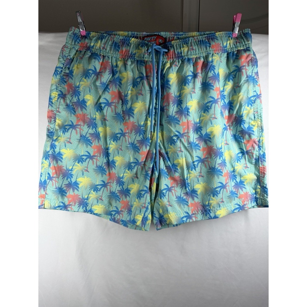 Party Sharks Mens XL Swim Trunks Board Shorts Teal Palm Tree Tropical Retro Mesh